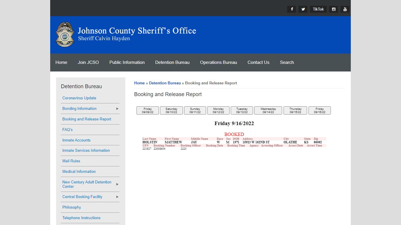 Booking and Release Report | Johnson County Sheriff